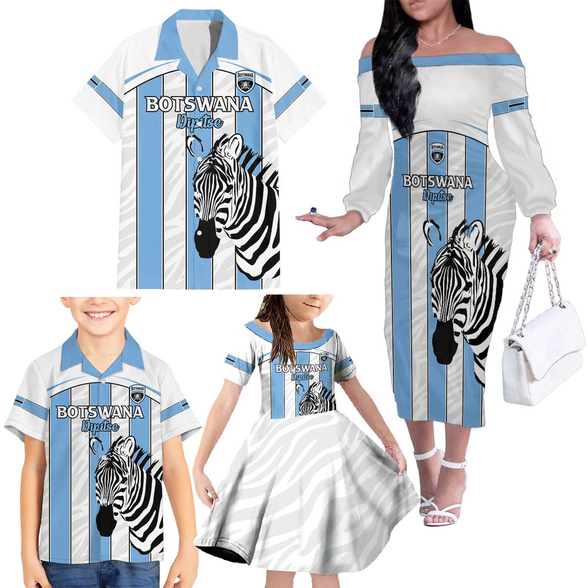 Custom Botswana Football Family Matching Off The Shoulder Long Sleeve Dress and Hawaiian Shirt Come On Zebras