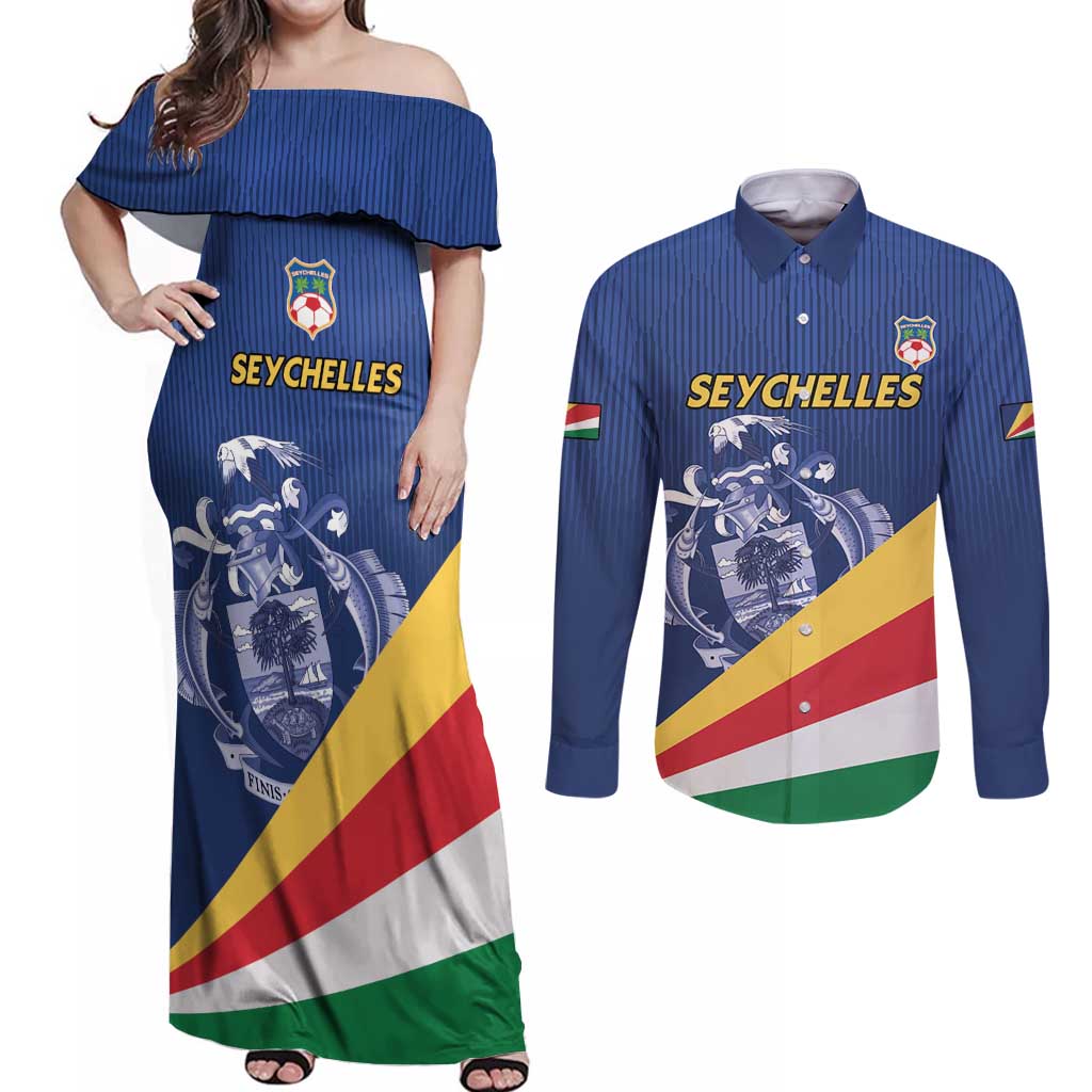 Custom Seychelles Beach Soccer 2025 Couples Matching Off Shoulder Maxi Dress and Long Sleeve Button Shirt Flag Style