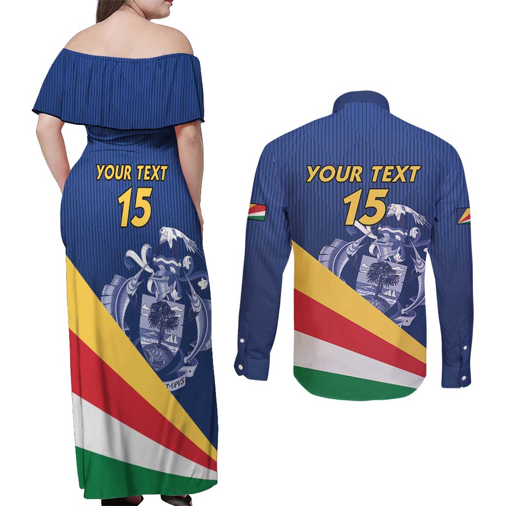 Custom Seychelles Beach Soccer 2025 Couples Matching Off Shoulder Maxi Dress and Long Sleeve Button Shirt Flag Style