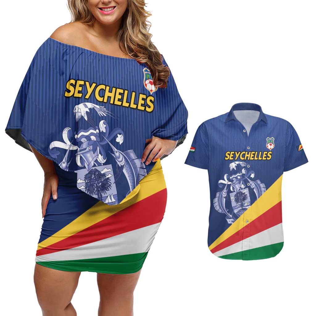 Custom Seychelles Beach Soccer 2025 Couples Matching Off Shoulder Short Dress and Hawaiian Shirt Flag Style