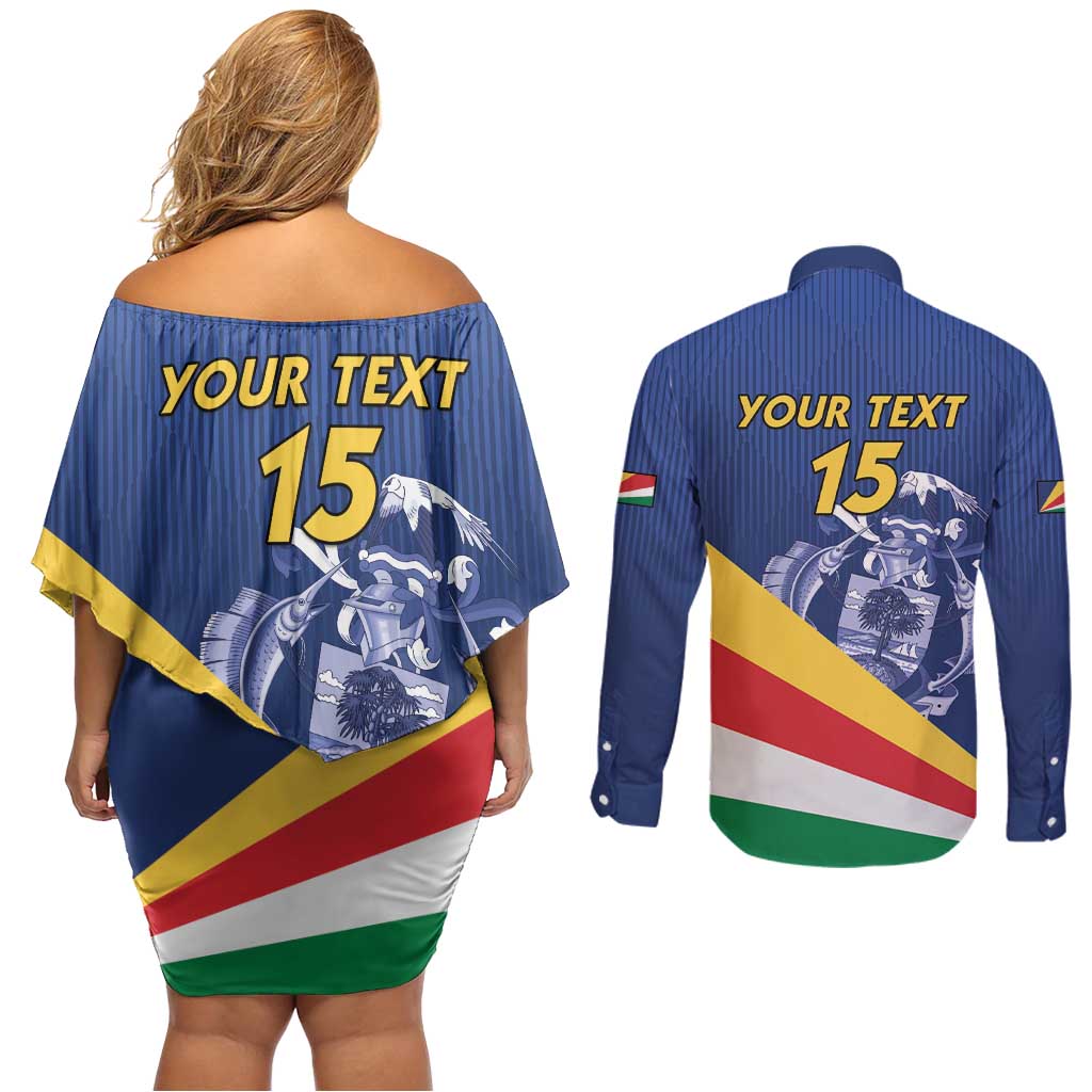 Custom Seychelles Beach Soccer 2025 Couples Matching Off Shoulder Short Dress and Long Sleeve Button Shirt Flag Style