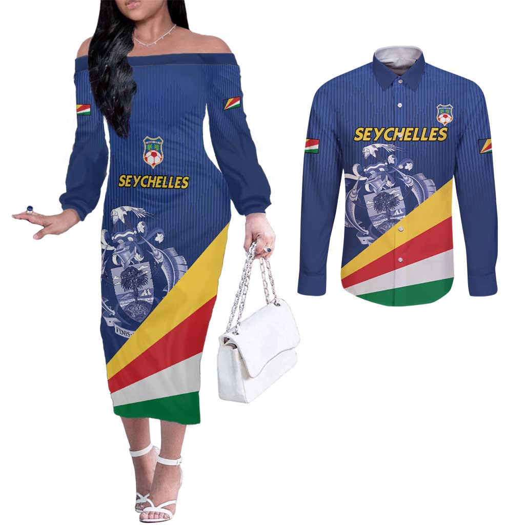 Custom Seychelles Beach Soccer 2025 Couples Matching Off The Shoulder Long Sleeve Dress and Long Sleeve Button Shirt Flag Style
