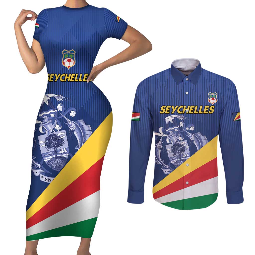 Custom Seychelles Beach Soccer 2025 Couples Matching Short Sleeve Bodycon Dress and Long Sleeve Button Shirt Flag Style