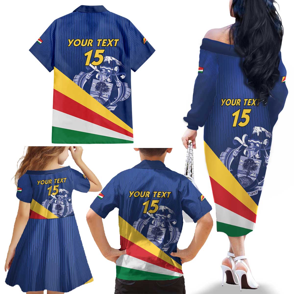 Custom Seychelles Beach Soccer 2025 Family Matching Off The Shoulder Long Sleeve Dress and Hawaiian Shirt Flag Style