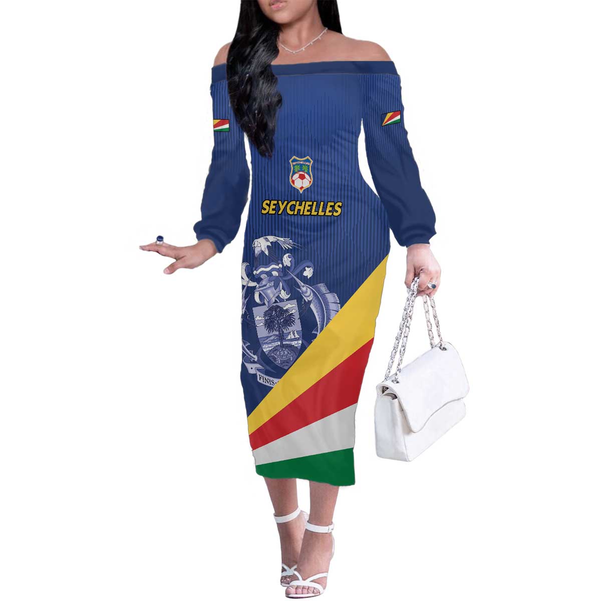 Custom Seychelles Beach Soccer 2025 Family Matching Off The Shoulder Long Sleeve Dress and Hawaiian Shirt Flag Style