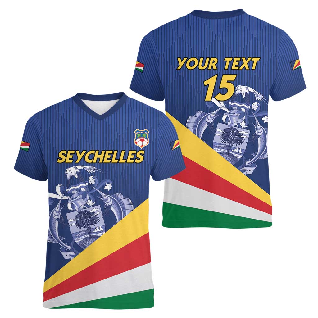 Custom Seychelles Beach Soccer 2025 Women V-Neck T-Shirt Flag Style