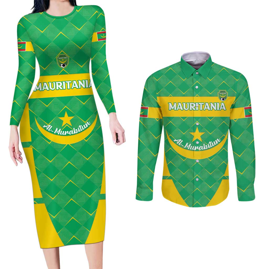 Custom Mauritania Beach Soccer 2025 Couples Matching Long Sleeve Bodycon Dress and Long Sleeve Button Shirt Go Al-Murabitun Go