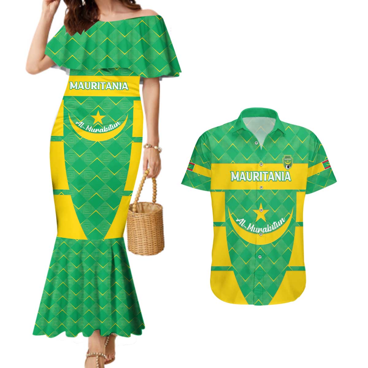 Custom Mauritania Beach Soccer 2025 Couples Matching Mermaid Dress and Hawaiian Shirt Go Al-Murabitun Go