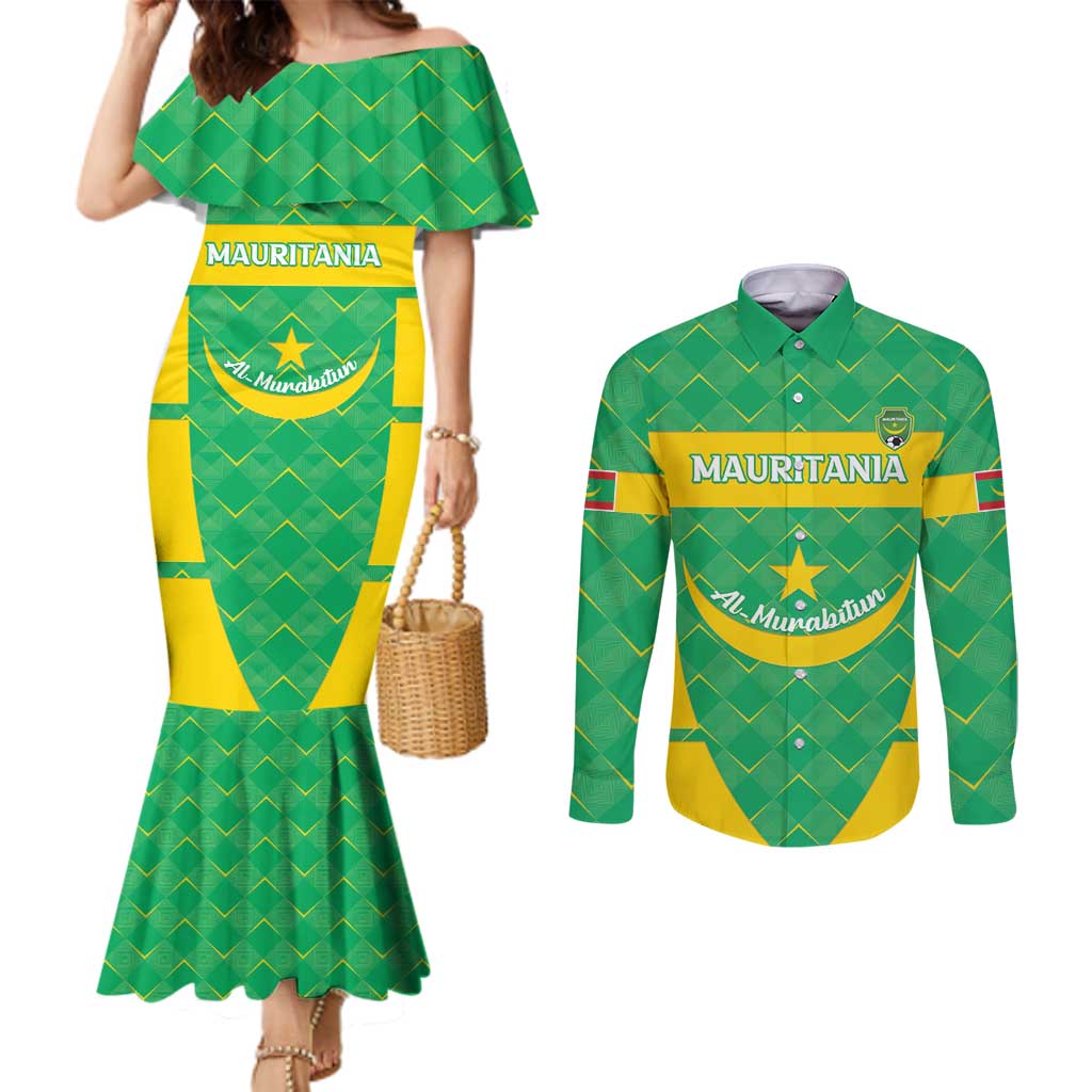 Custom Mauritania Beach Soccer 2025 Couples Matching Mermaid Dress and Long Sleeve Button Shirt Go Al-Murabitun Go