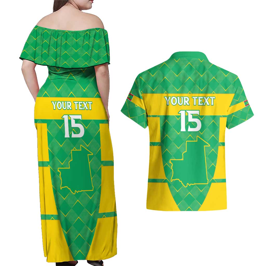 Custom Mauritania Beach Soccer 2025 Couples Matching Off Shoulder Maxi Dress and Hawaiian Shirt Go Al-Murabitun Go