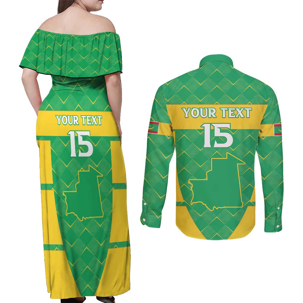 Custom Mauritania Beach Soccer 2025 Couples Matching Off Shoulder Maxi Dress and Long Sleeve Button Shirt Go Al-Murabitun Go