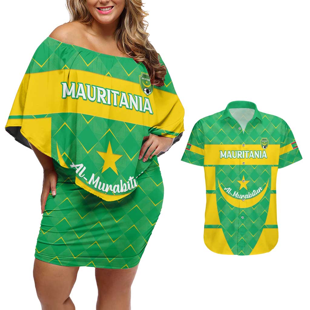 Custom Mauritania Beach Soccer 2025 Couples Matching Off Shoulder Short Dress and Hawaiian Shirt Go Al-Murabitun Go