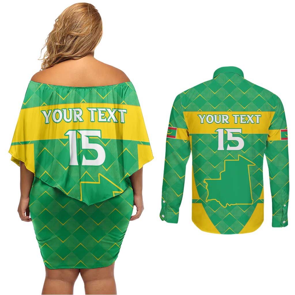 Custom Mauritania Beach Soccer 2025 Couples Matching Off Shoulder Short Dress and Long Sleeve Button Shirt Go Al-Murabitun Go