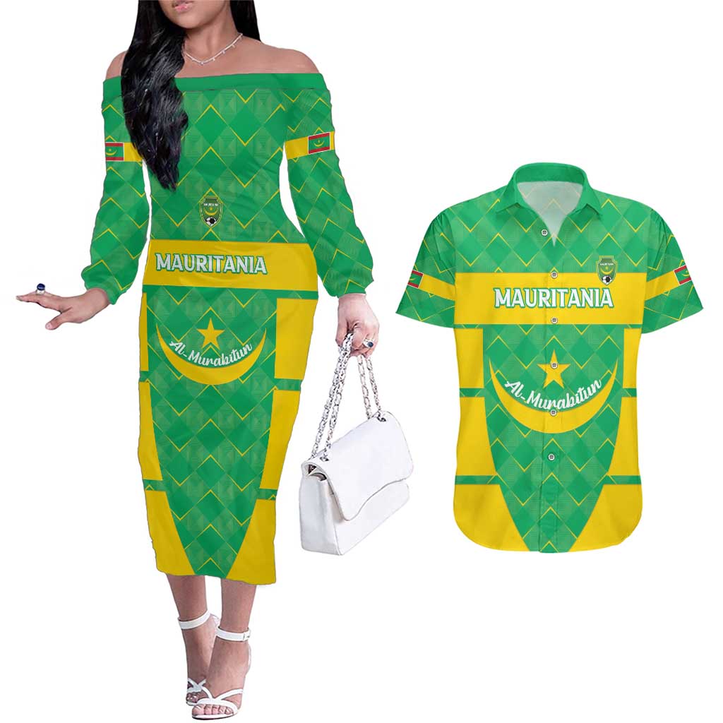 Custom Mauritania Beach Soccer 2025 Couples Matching Off The Shoulder Long Sleeve Dress and Hawaiian Shirt Go Al-Murabitun Go