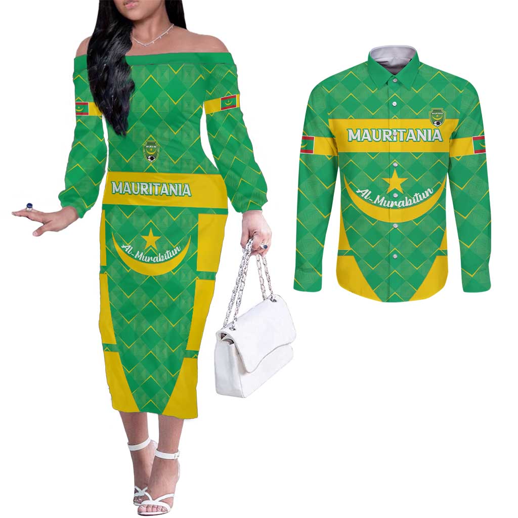 Custom Mauritania Beach Soccer 2025 Couples Matching Off The Shoulder Long Sleeve Dress and Long Sleeve Button Shirt Go Al-Murabitun Go
