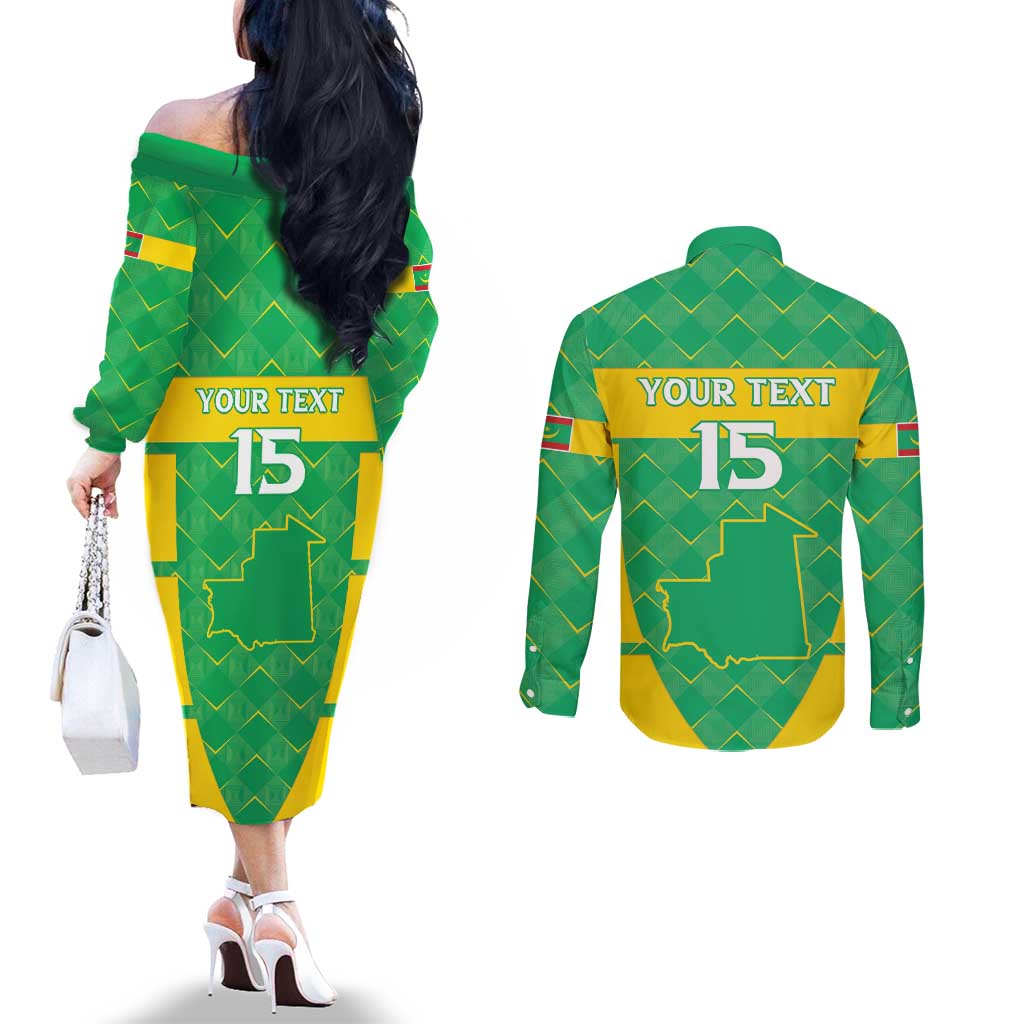 Custom Mauritania Beach Soccer 2025 Couples Matching Off The Shoulder Long Sleeve Dress and Long Sleeve Button Shirt Go Al-Murabitun Go