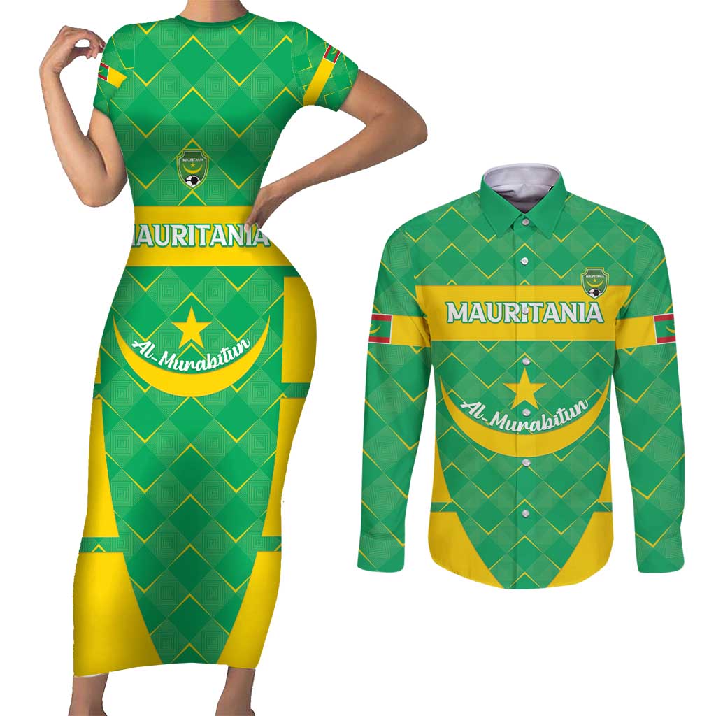 Custom Mauritania Beach Soccer 2025 Couples Matching Short Sleeve Bodycon Dress and Long Sleeve Button Shirt Go Al-Murabitun Go