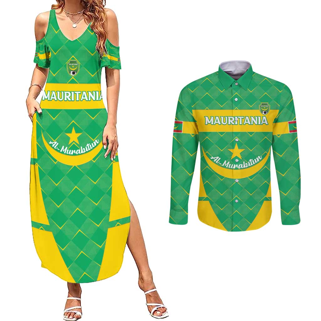 Custom Mauritania Beach Soccer 2025 Couples Matching Summer Maxi Dress and Long Sleeve Button Shirt Go Al-Murabitun Go