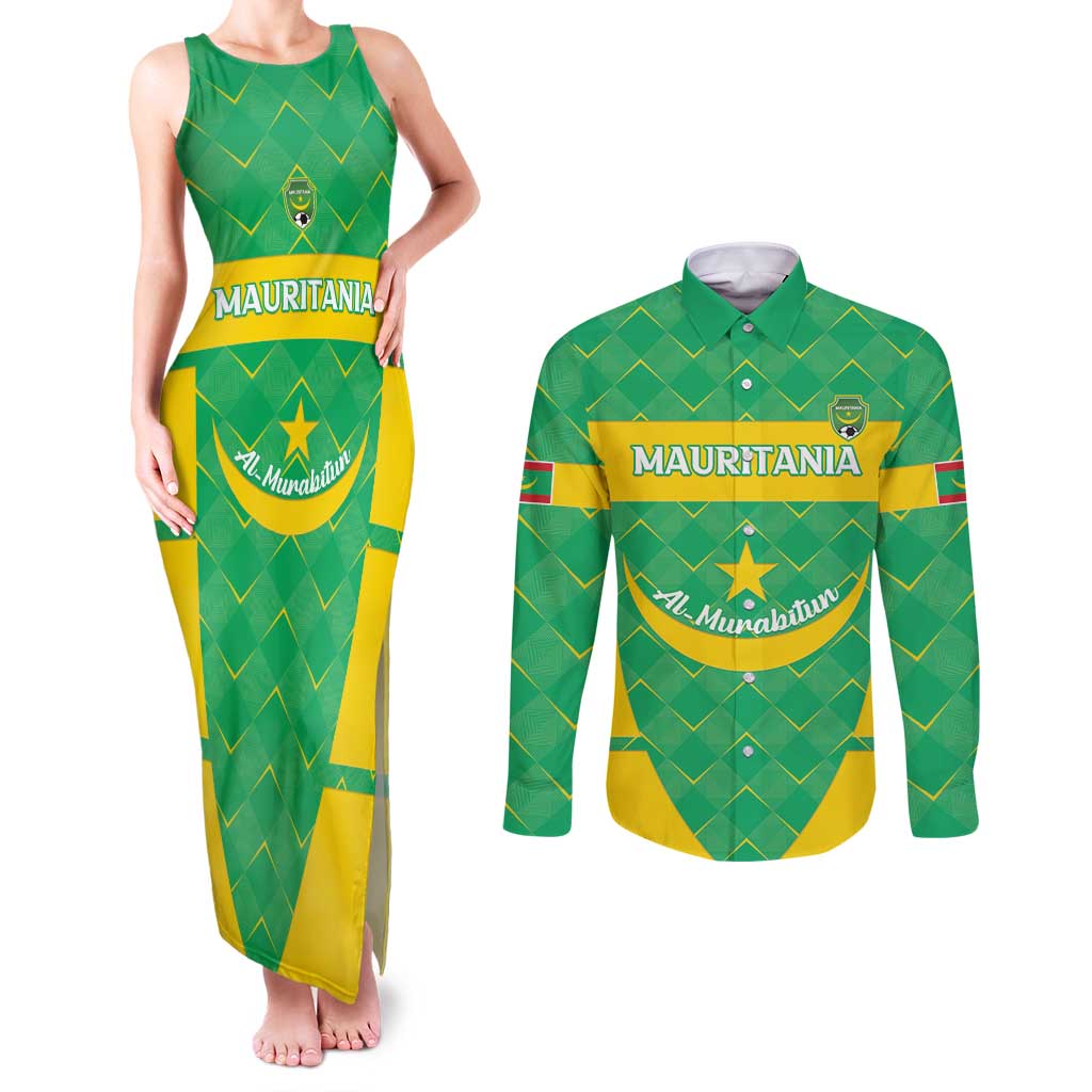 Custom Mauritania Beach Soccer 2025 Couples Matching Tank Maxi Dress and Long Sleeve Button Shirt Go Al-Murabitun Go