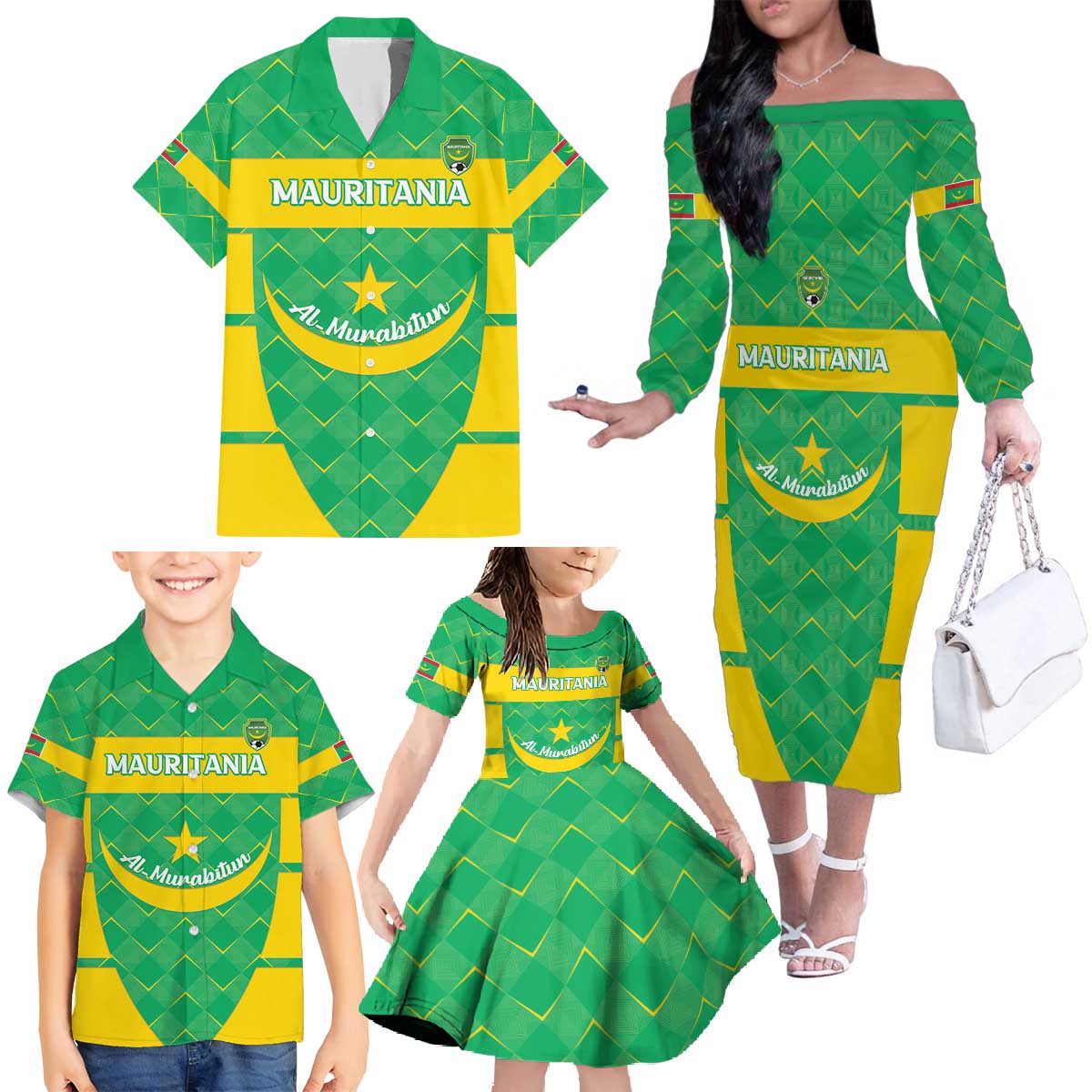 Custom Mauritania Beach Soccer 2025 Family Matching Off The Shoulder Long Sleeve Dress and Hawaiian Shirt Go Al-Murabitun Go