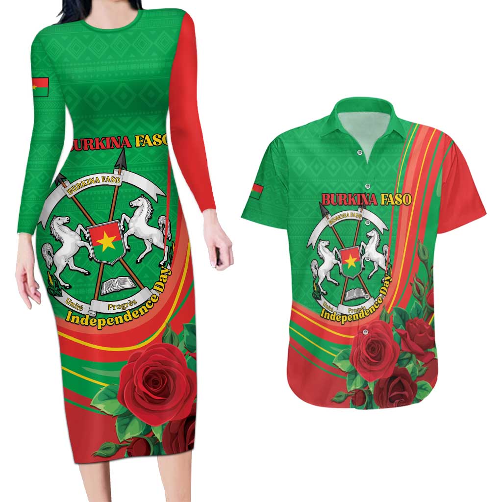Personalised Burkina Faso Independence Day Couples Matching Long Sleeve Bodycon Dress and Hawaiian Shirt Coat Of Arms With Rose
