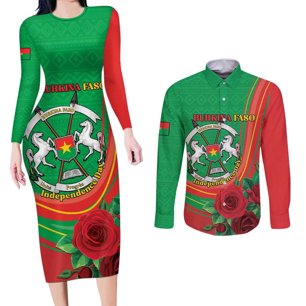 Personalised Burkina Faso Independence Day Couples Matching Long Sleeve Bodycon Dress and Long Sleeve Button Shirt Coat Of Arms With Rose