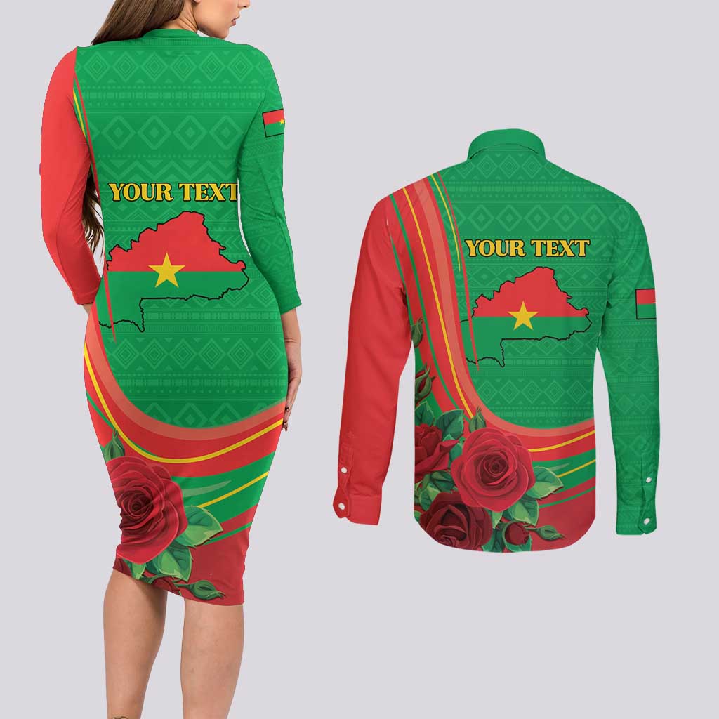 Personalised Burkina Faso Independence Day Couples Matching Long Sleeve Bodycon Dress and Long Sleeve Button Shirt Coat Of Arms With Rose