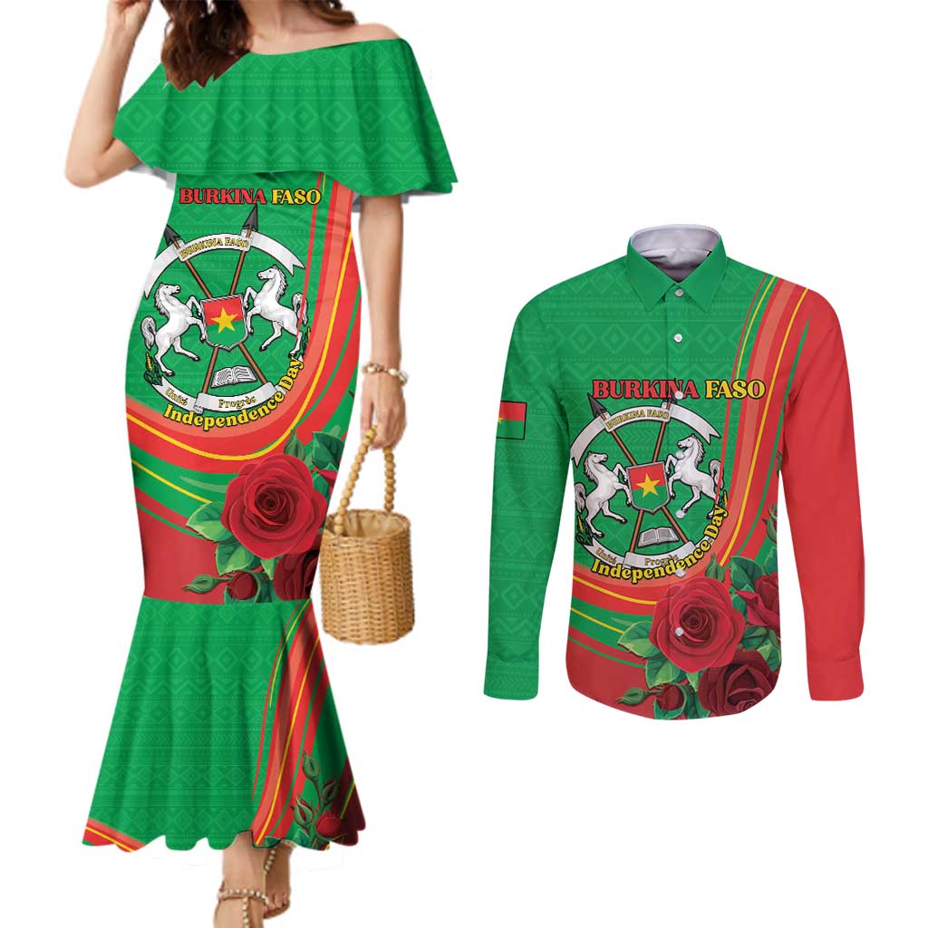 Personalised Burkina Faso Independence Day Couples Matching Mermaid Dress and Long Sleeve Button Shirt Coat Of Arms With Rose