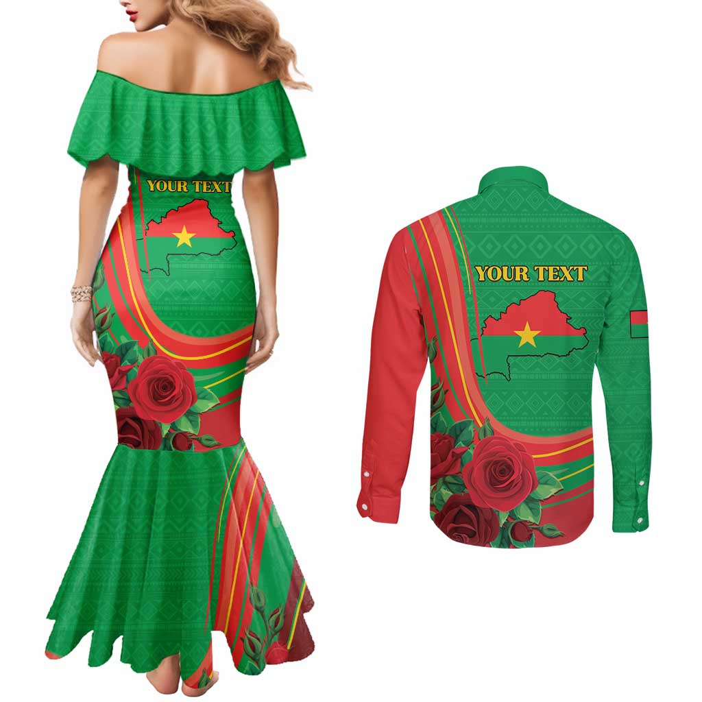 Personalised Burkina Faso Independence Day Couples Matching Mermaid Dress and Long Sleeve Button Shirt Coat Of Arms With Rose