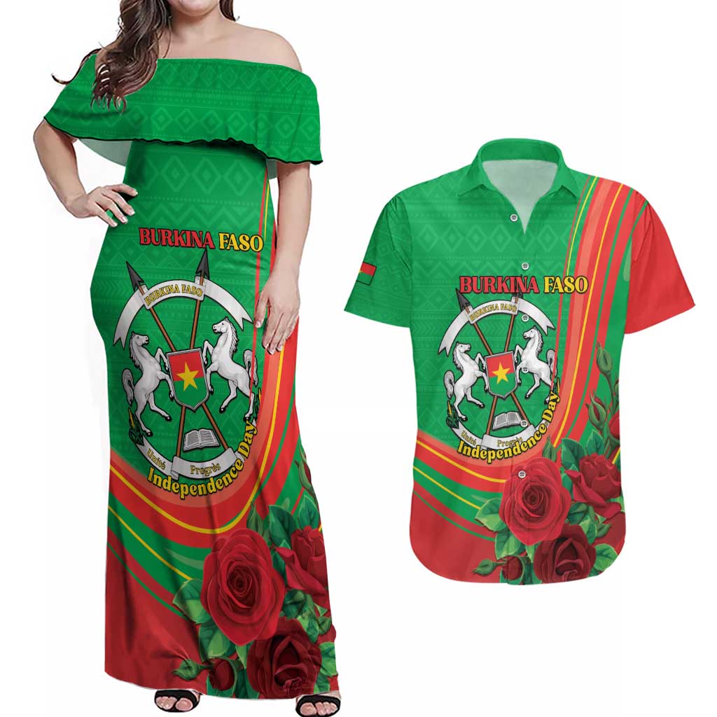 Personalised Burkina Faso Independence Day Couples Matching Off Shoulder Maxi Dress and Hawaiian Shirt Coat Of Arms With Rose