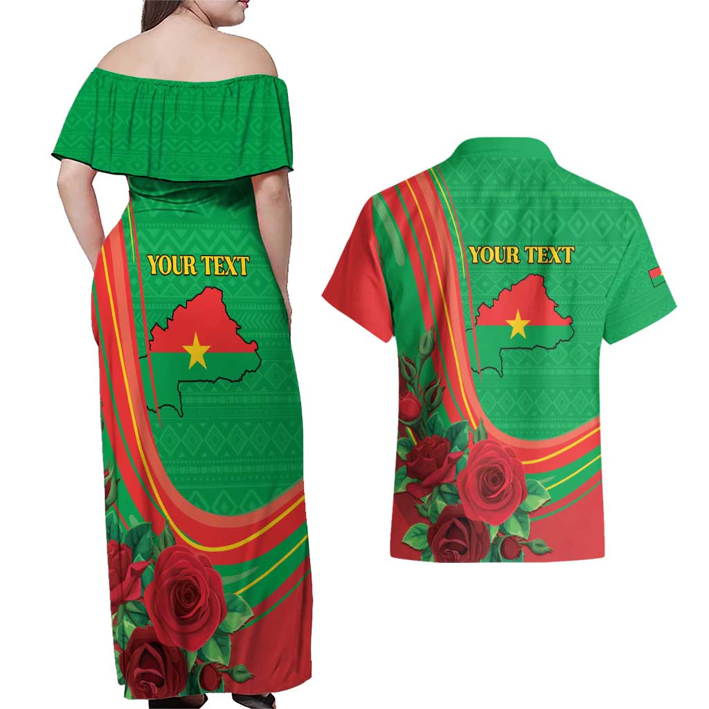 Personalised Burkina Faso Independence Day Couples Matching Off Shoulder Maxi Dress and Hawaiian Shirt Coat Of Arms With Rose