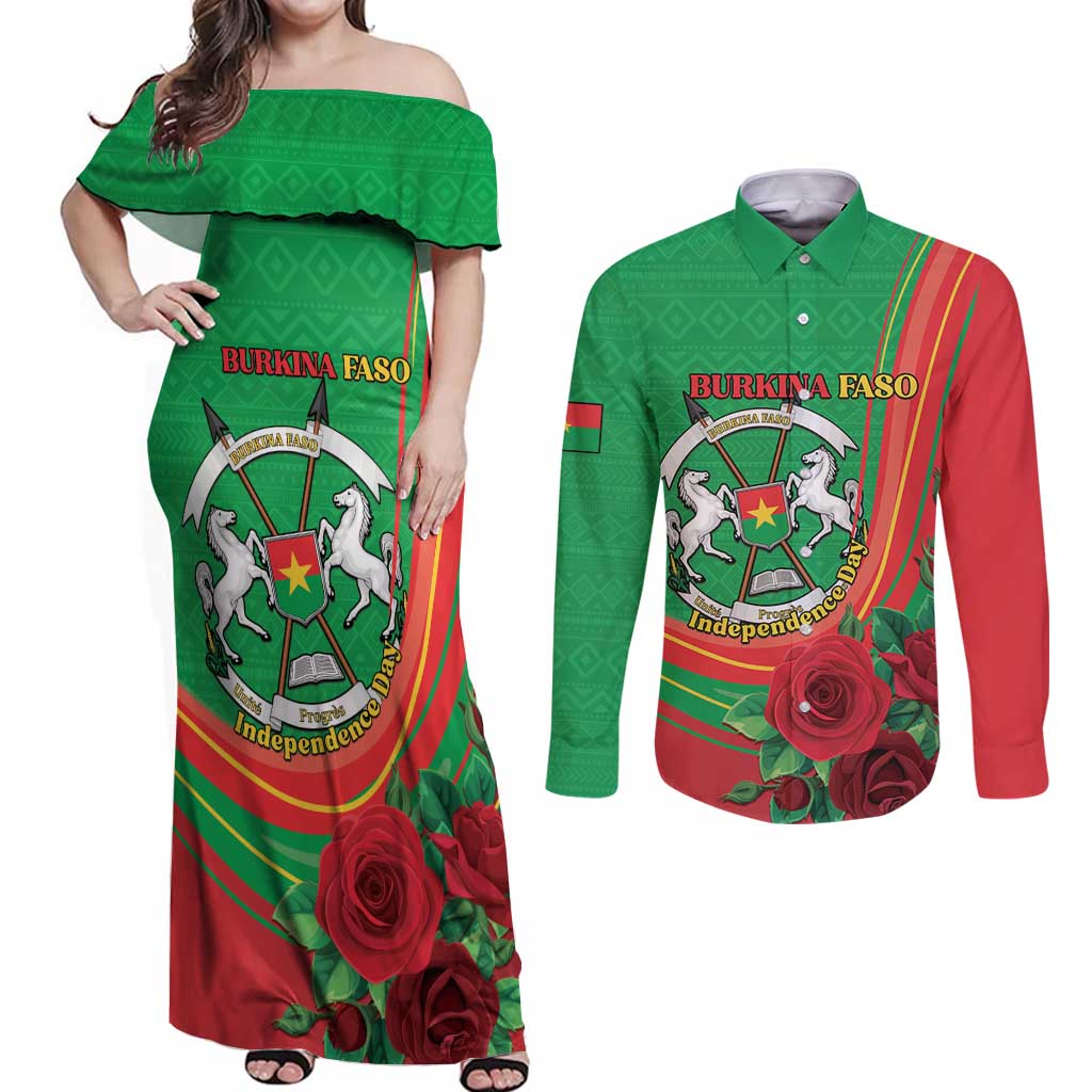 Personalised Burkina Faso Independence Day Couples Matching Off Shoulder Maxi Dress and Long Sleeve Button Shirt Coat Of Arms With Rose