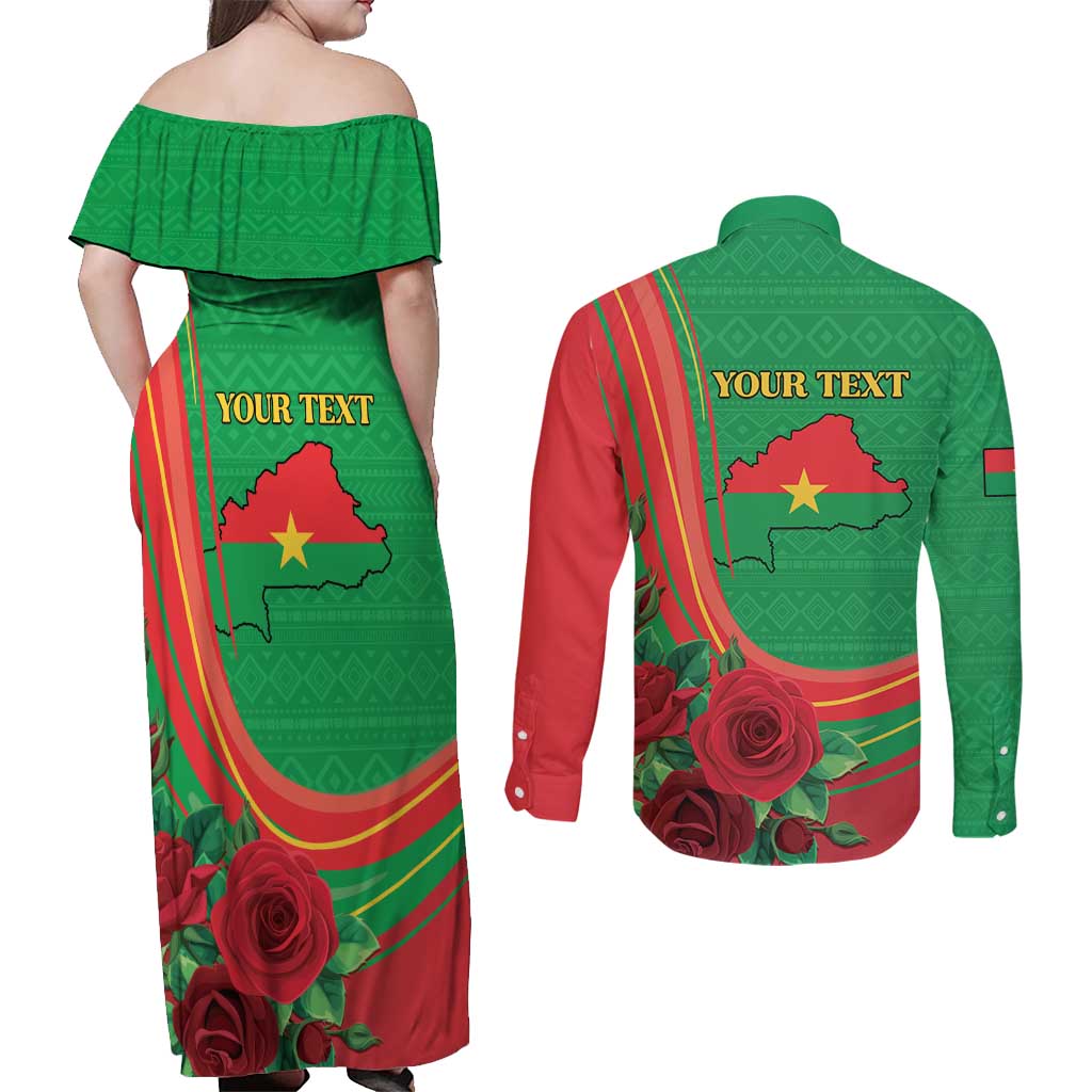 Personalised Burkina Faso Independence Day Couples Matching Off Shoulder Maxi Dress and Long Sleeve Button Shirt Coat Of Arms With Rose