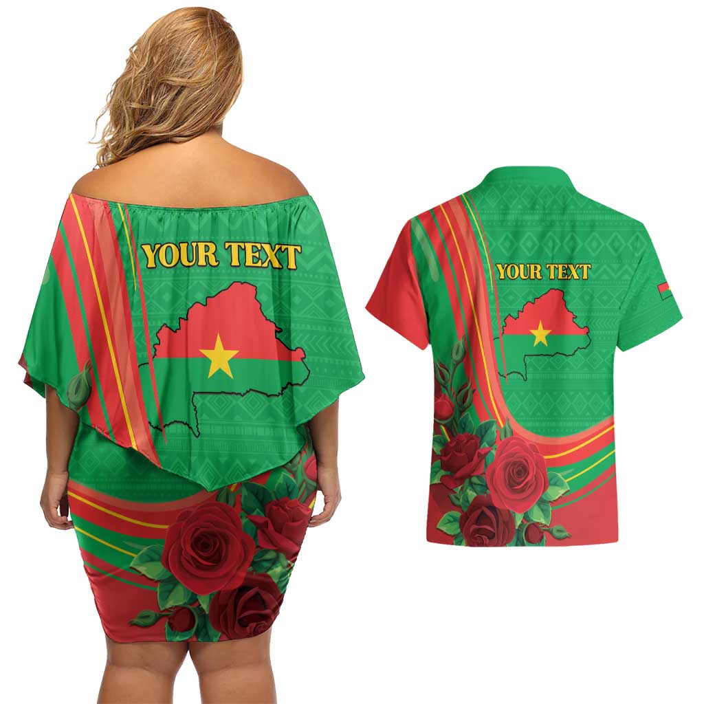 Personalised Burkina Faso Independence Day Couples Matching Off Shoulder Short Dress and Hawaiian Shirt Coat Of Arms With Rose