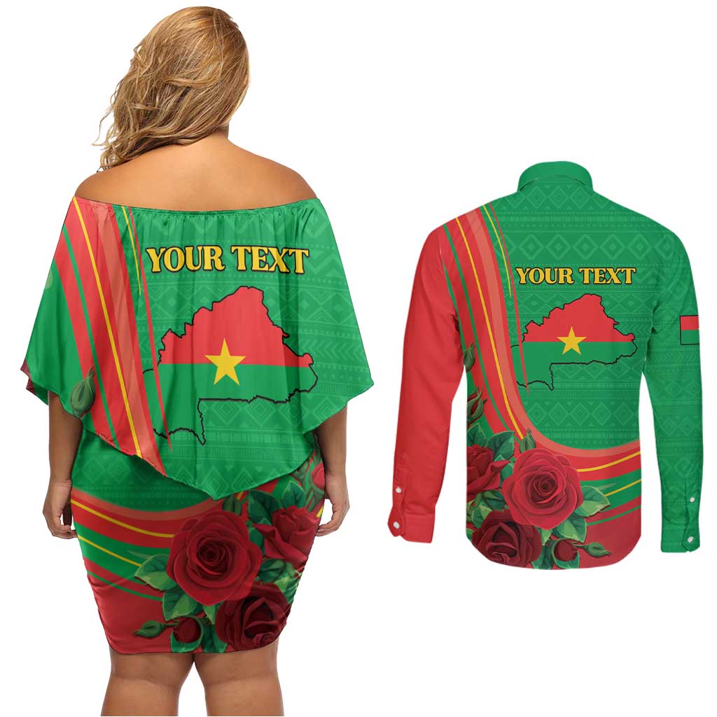 Personalised Burkina Faso Independence Day Couples Matching Off Shoulder Short Dress and Long Sleeve Button Shirt Coat Of Arms With Rose