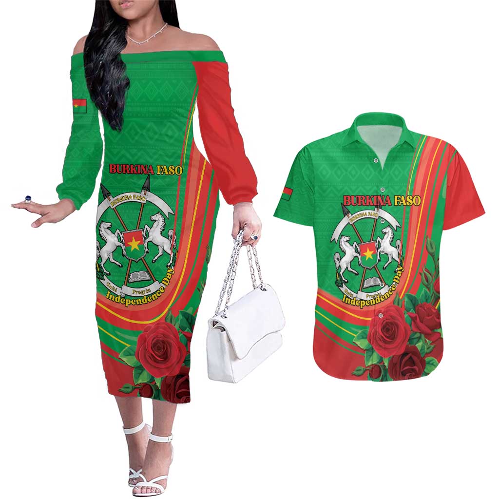 Personalised Burkina Faso Independence Day Couples Matching Off The Shoulder Long Sleeve Dress and Hawaiian Shirt Coat Of Arms With Rose