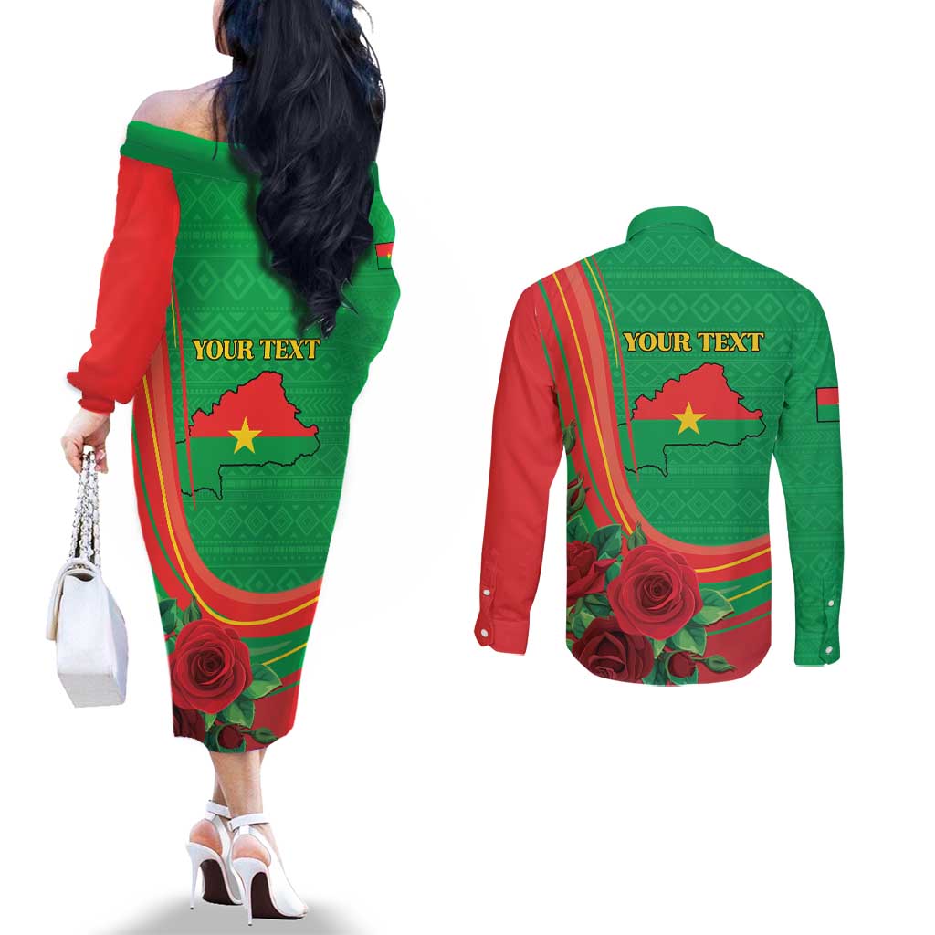 Personalised Burkina Faso Independence Day Couples Matching Off The Shoulder Long Sleeve Dress and Long Sleeve Button Shirt Coat Of Arms With Rose