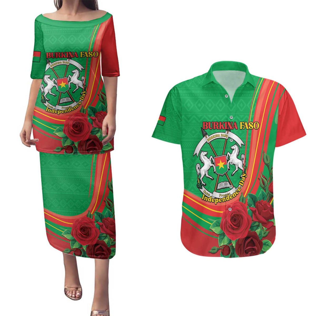 Personalised Burkina Faso Independence Day Couples Matching Puletasi and Hawaiian Shirt Coat Of Arms With Rose