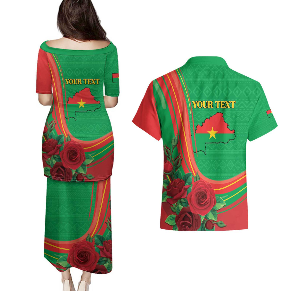 Personalised Burkina Faso Independence Day Couples Matching Puletasi and Hawaiian Shirt Coat Of Arms With Rose