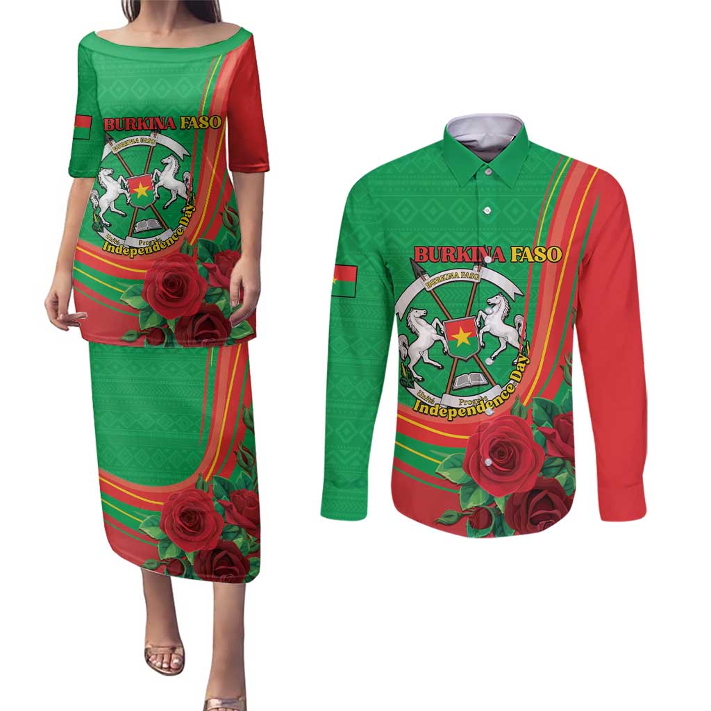 Personalised Burkina Faso Independence Day Couples Matching Puletasi and Long Sleeve Button Shirt Coat Of Arms With Rose