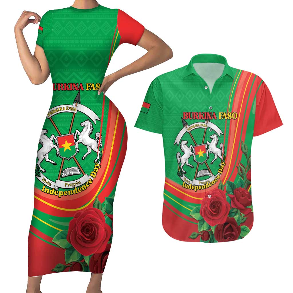 Personalised Burkina Faso Independence Day Couples Matching Short Sleeve Bodycon Dress and Hawaiian Shirt Coat Of Arms With Rose