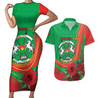 Personalised Burkina Faso Independence Day Couples Matching Short Sleeve Bodycon Dress and Hawaiian Shirt Coat Of Arms With Rose