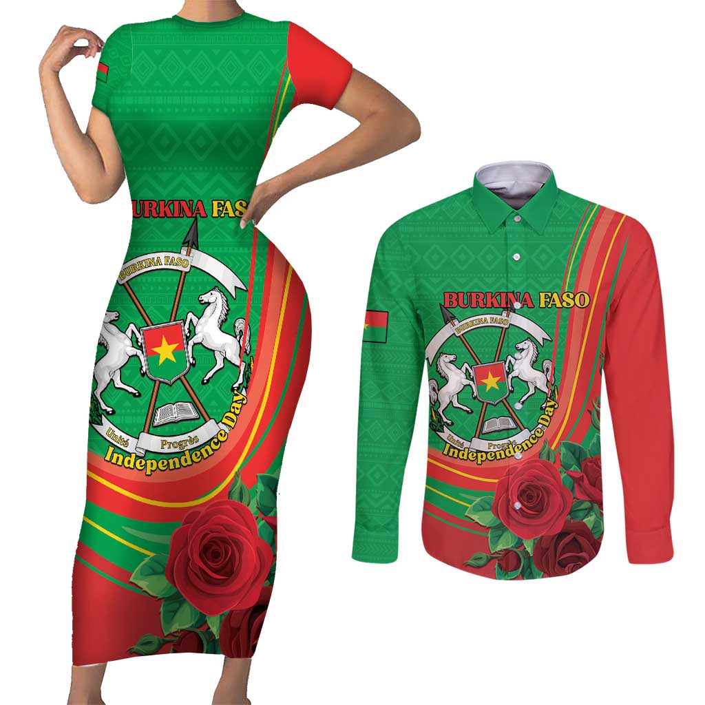 Personalised Burkina Faso Independence Day Couples Matching Short Sleeve Bodycon Dress and Long Sleeve Button Shirt Coat Of Arms With Rose