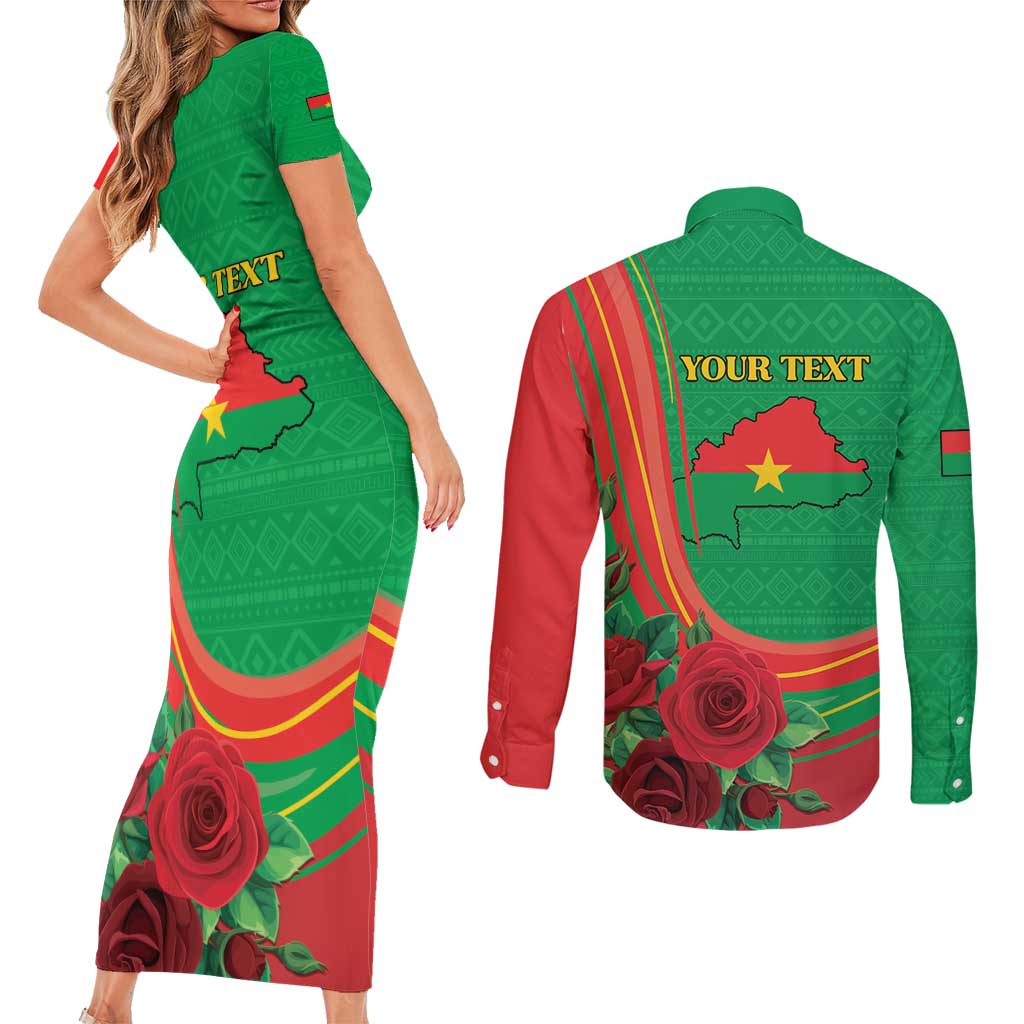 Personalised Burkina Faso Independence Day Couples Matching Short Sleeve Bodycon Dress and Long Sleeve Button Shirt Coat Of Arms With Rose