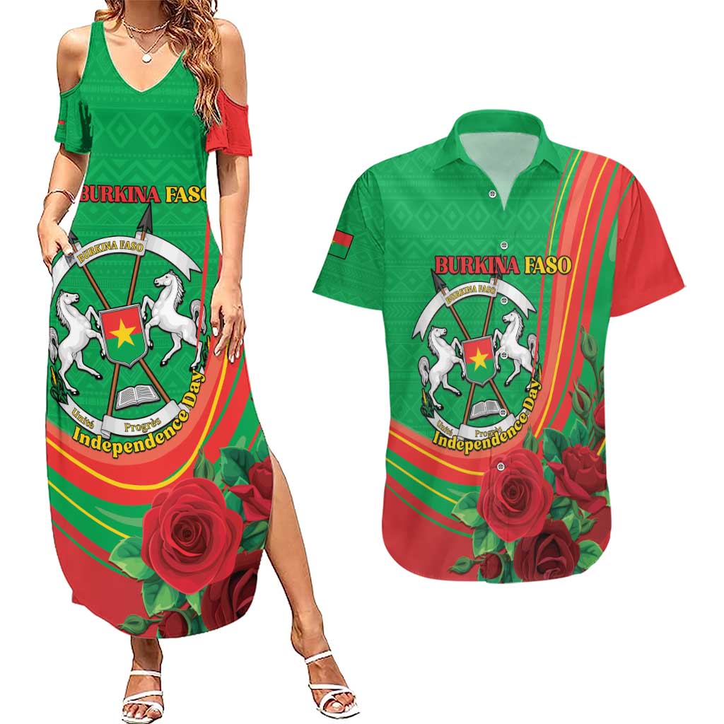 Personalised Burkina Faso Independence Day Couples Matching Summer Maxi Dress and Hawaiian Shirt Coat Of Arms With Rose