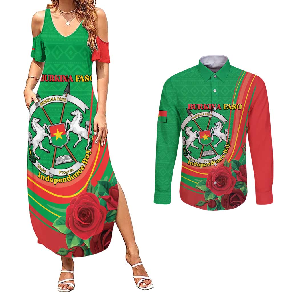 Personalised Burkina Faso Independence Day Couples Matching Summer Maxi Dress and Long Sleeve Button Shirt Coat Of Arms With Rose