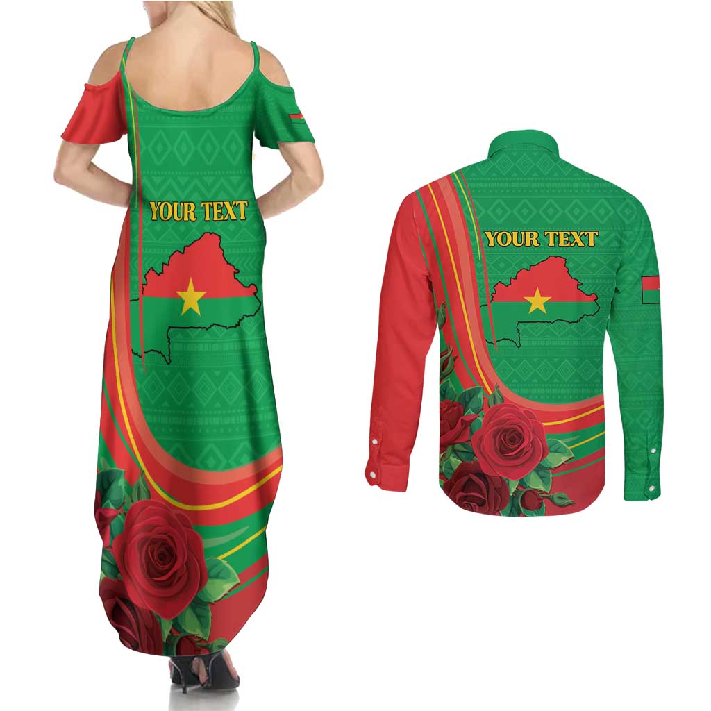 Personalised Burkina Faso Independence Day Couples Matching Summer Maxi Dress and Long Sleeve Button Shirt Coat Of Arms With Rose