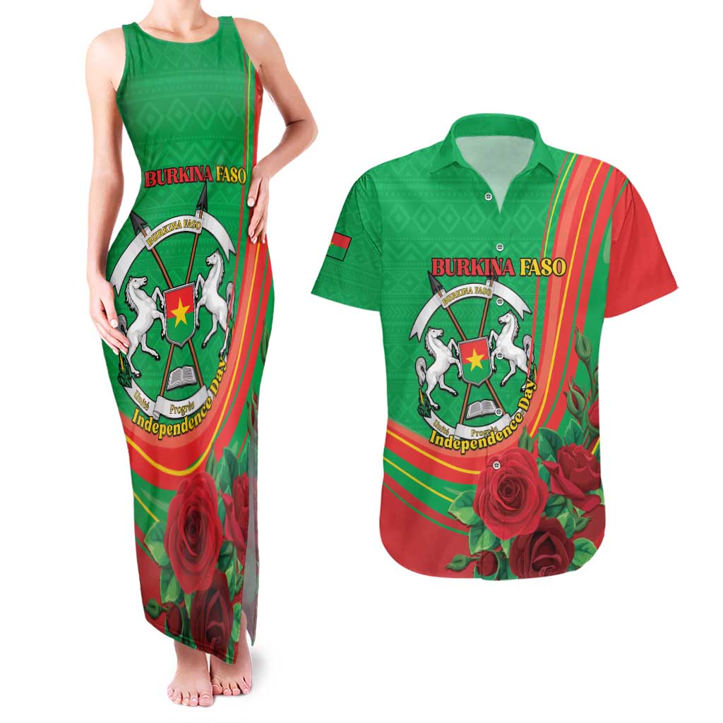 Personalised Burkina Faso Independence Day Couples Matching Tank Maxi Dress and Hawaiian Shirt Coat Of Arms With Rose