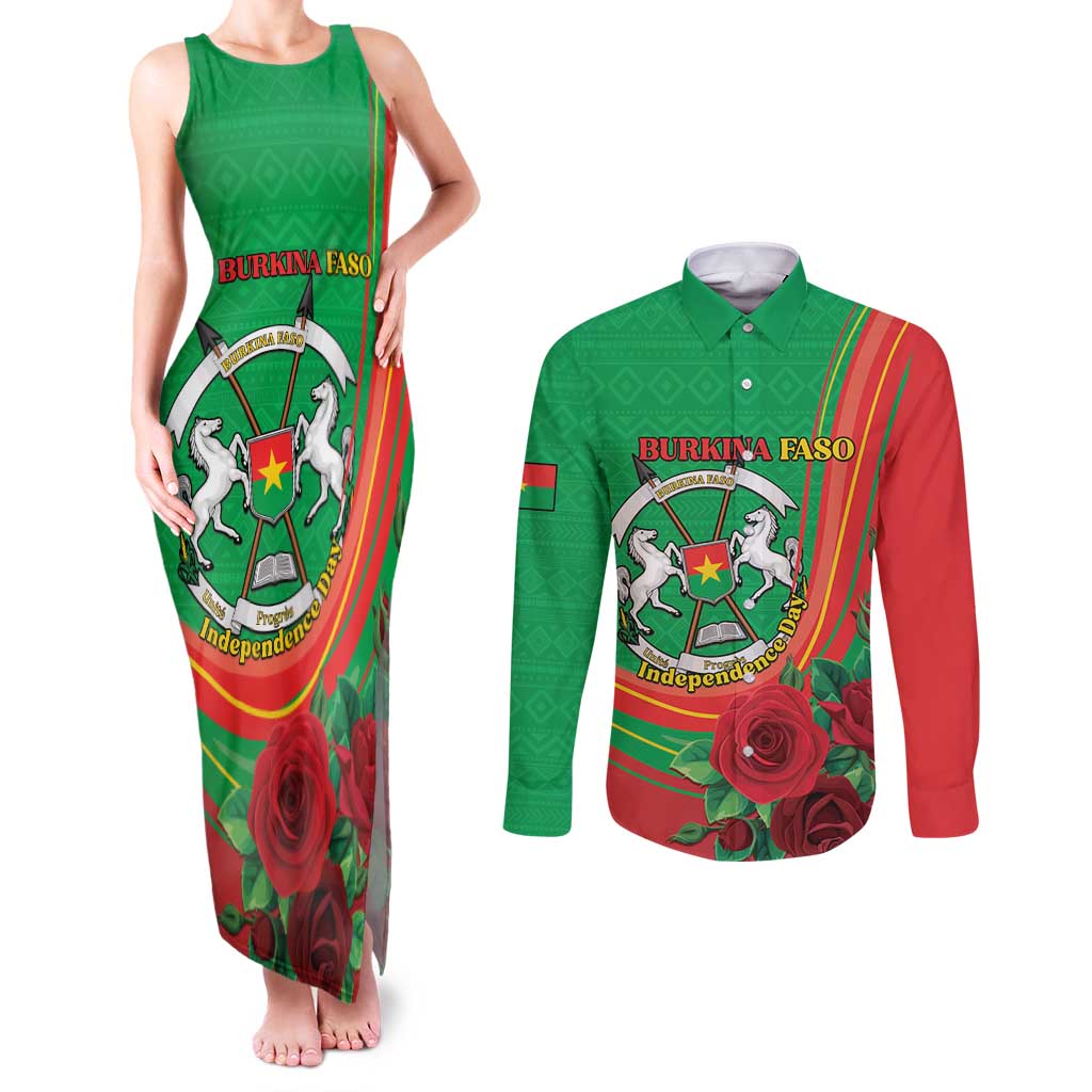 Personalised Burkina Faso Independence Day Couples Matching Tank Maxi Dress and Long Sleeve Button Shirt Coat Of Arms With Rose