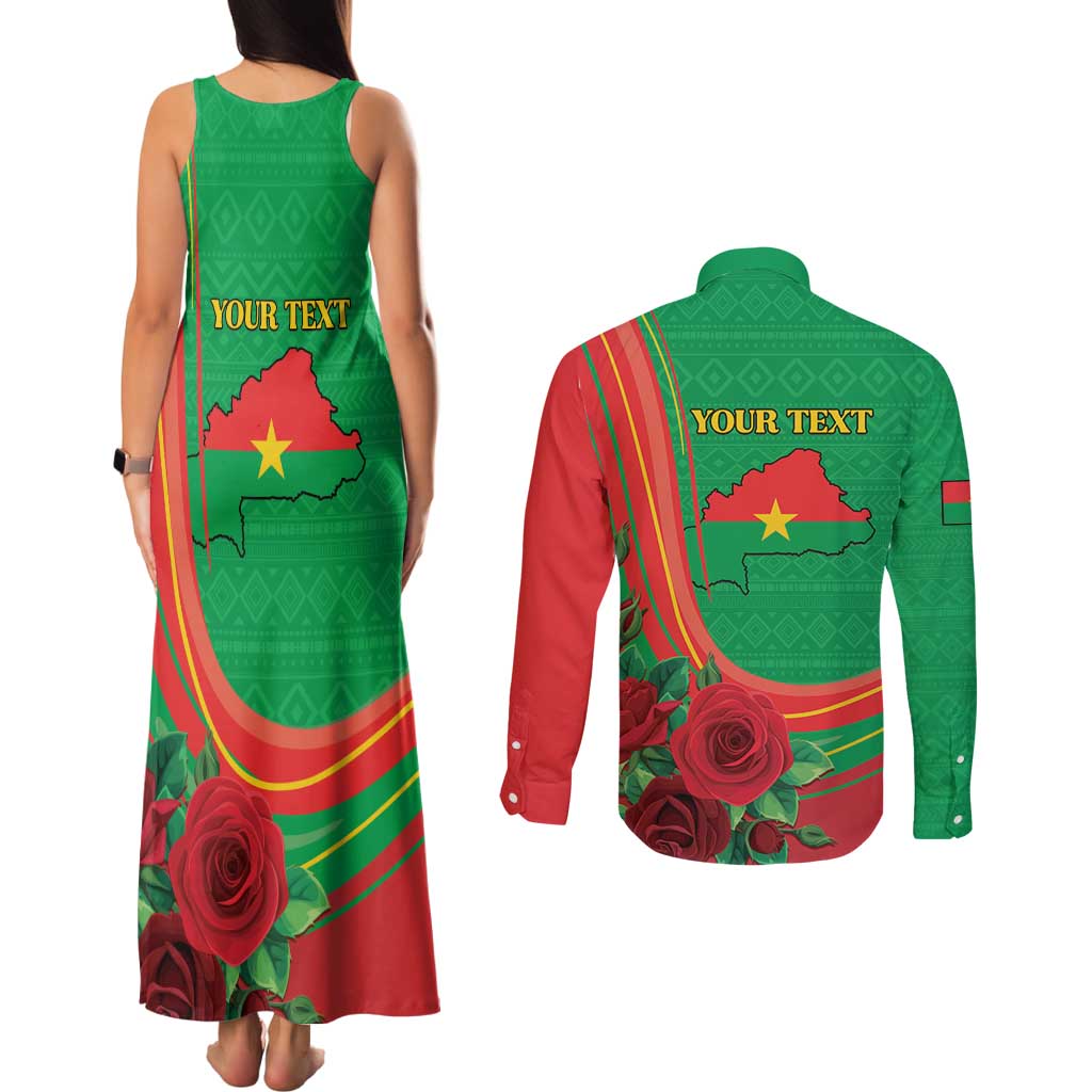 Personalised Burkina Faso Independence Day Couples Matching Tank Maxi Dress and Long Sleeve Button Shirt Coat Of Arms With Rose